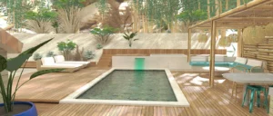 projet d'aménagement exterieur, création de piscine et Spa à Moliets-et Maa AVANT projet , planches 3D