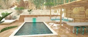 projet d'aménagement exterieur, création de piscine et Spa à Moliets-et Maa AVANT projet , planches 3D