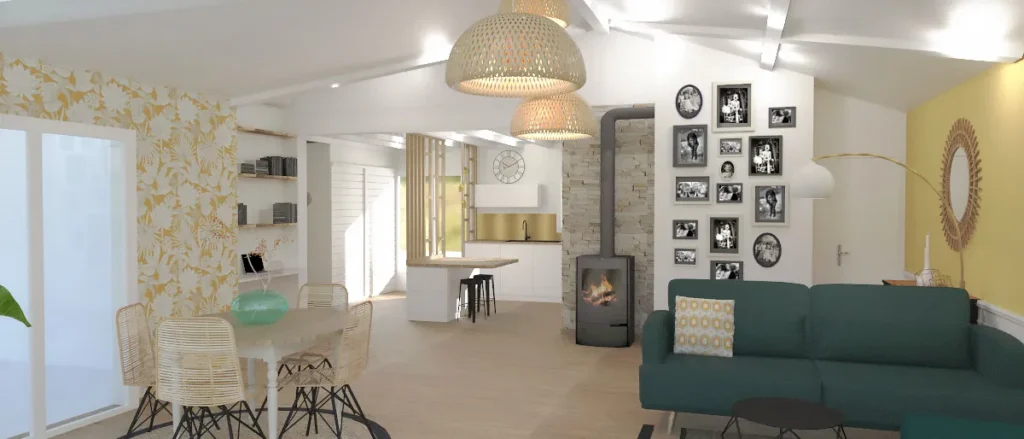 aménagement et décoration intérieure de l'espace cuisine, salon, et salle à manger